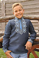 Детская вышитая рубашка для мальчика из синего льна