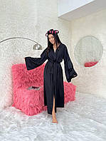 Стильный качественный женский длинный шелковый халат на запах из шелка армани цвет черный длинный пенюар