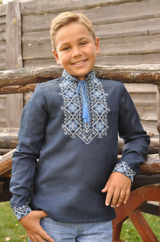 Детская вышитая рубашка для мальчика из синего льна 110 - фото 3 - id-p2143830177
