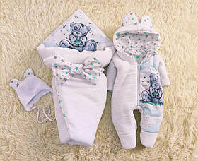 Комплект одягу з мусліну 3 предмети для новонароджених, білий з принтом Ведмедик