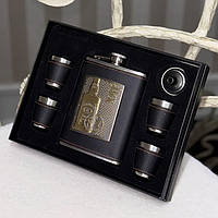 🔥Подарунковий набір Jack Daniel's 6в1 фляга, 4 чарки, лійка, обтягнуті чорною шкірою