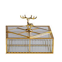 Шкатулка для украшений Золотой олень квадратная стекло с металлическим каркасом 22х22 см KU-22