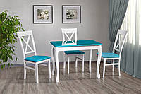 Маленький прямоугольный недорогой обеденный кухонный стол из массива дерева и столешницей МДФ для маленькой кухни 100*60 см Смарт белый/бирюзовый