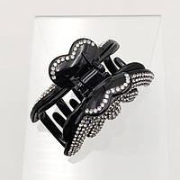 Краб для волосся квітка 70х45х40 мм чорний пластик із білими стразами