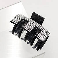 Краб для волосся Е 70х45х40 мм чорний пластик із білими стразами