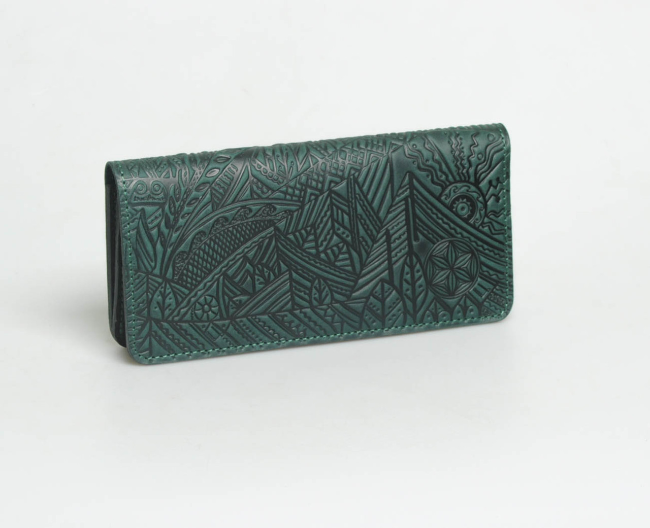 Гаманець з тисненим орнаментом "Карпати", натуральна шкіра, зеленого кольору, 20х21 см, фото 1
