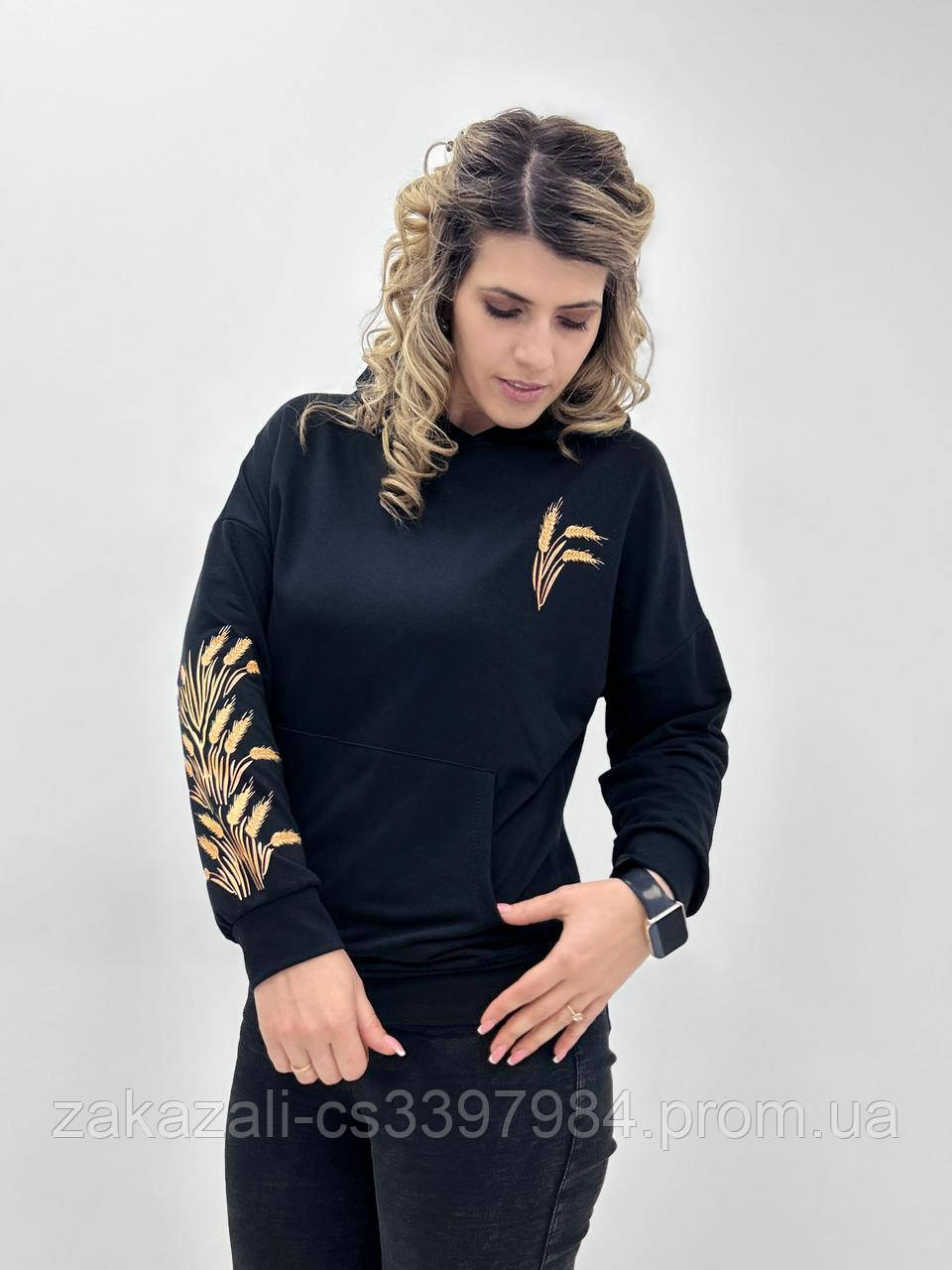 Толстовка жіноча з капюшоном і кишенею кенгуру, демісезон 50-52 р. | Худі на весну/осінь, без флісу | Батал, фото 1