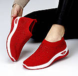 Жіночі мокасини літні червоні зі стразами текстильні спортивні з камінням червоного кольору Viki, фото 3