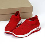 Жіночі мокасини літні червоні зі стразами текстильні спортивні з камінням червоного кольору Viki, фото 5
