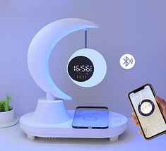 Нічник з бездротовою зарядкою та Bluetooth колонкою / Місяць з годинником 22SHTSWKT, фото 5