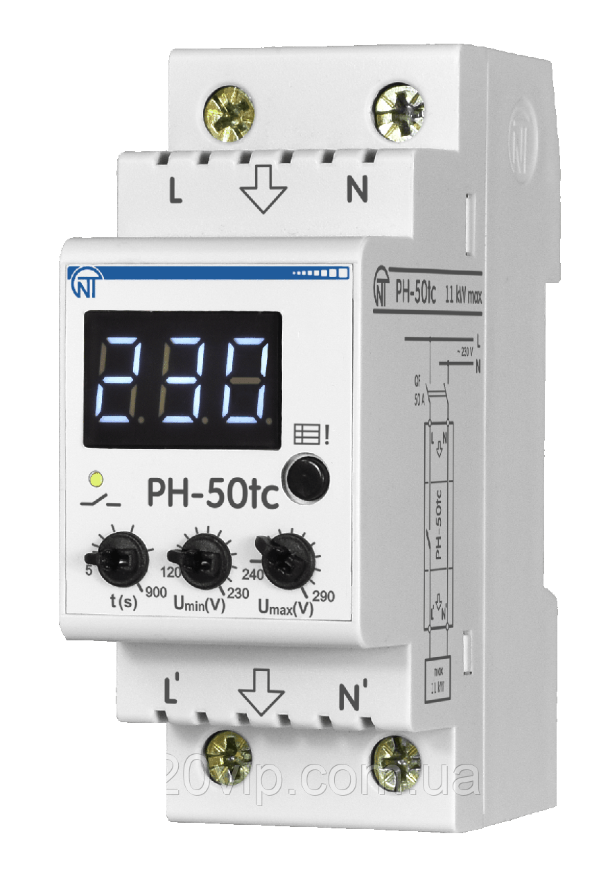 Реле напруги NOVATEK-ELECTRO РН-50TС (50А) NEW, на DIN, контролю та захисту від перенапруги Новатек