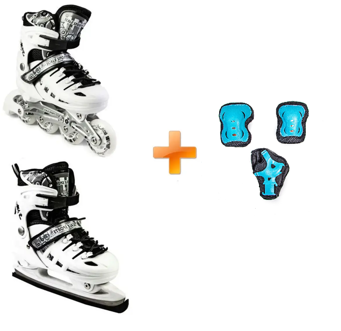 Ролики-ковзани 2в1 + захист на коліна, лікті, долоні Scale Sport. Білі, розмір 34-38