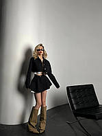 Чёрный женский демисезонный качественный костюм-двойка из коттона:укороченный Пиджак на пуговицах и Юбка-шорты