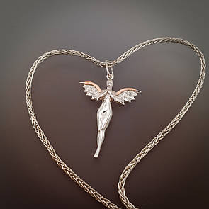 Комплект! Жіноча срібна цепочка Колосок з Ангелом с золотом. Кулон і ланцюг зі срібла 925 50 см