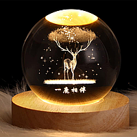 Декоративный 3D ночник от Power Bank/ USB хрустальный шар Животное Олень