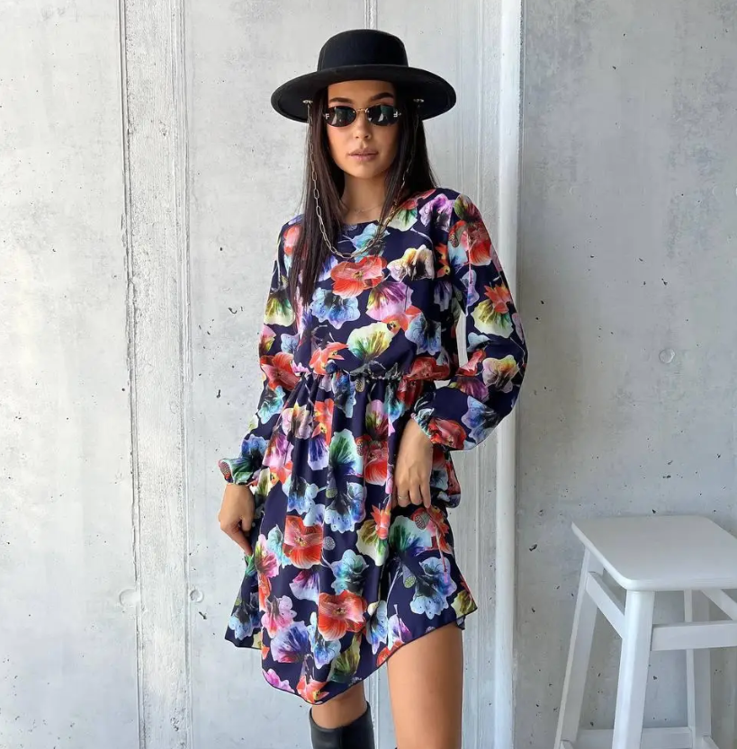 Легка літня сукня жіноча чорна в квіточку коротка коктейльна сукня з рукавом вільна сукня на літо 42-46 48-52 розмір, фото 1