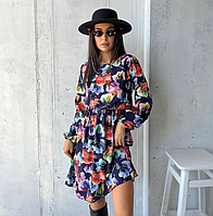 Легкое летнее платье женское синее в цветочек короткое коктейльное платье с рукавом свободное платье на лето