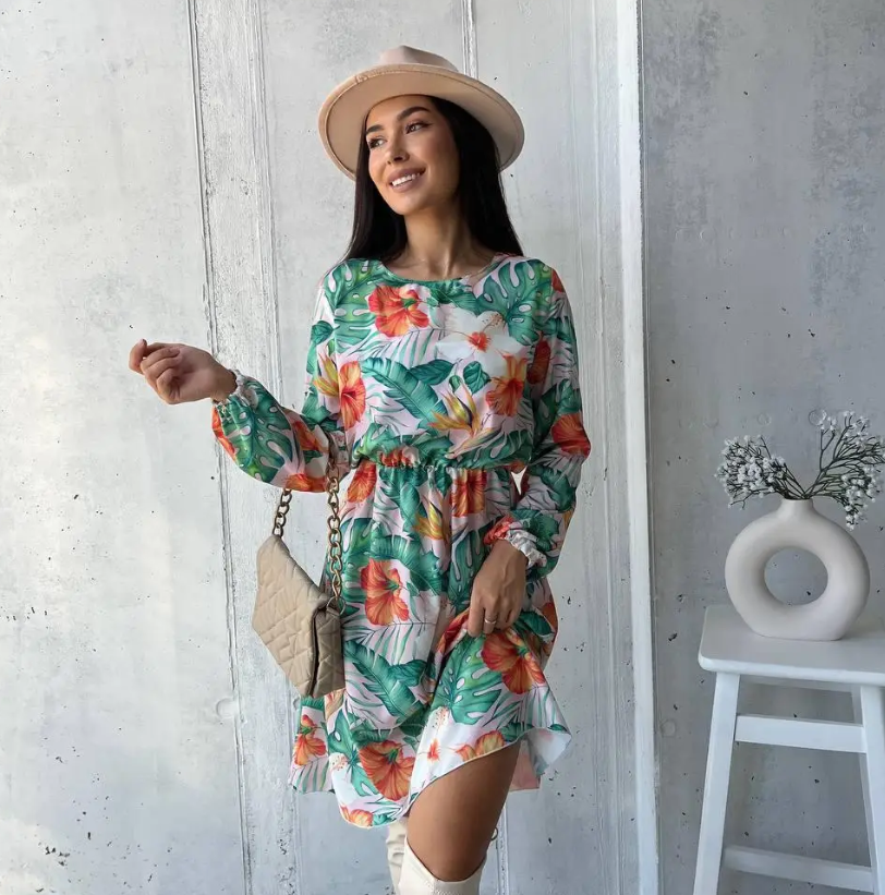 Легка літня сукня жіноча зелена в квіточку коротка коктейльна сукня з рукавом вільна сукня на літо 42-46 48-52 розмір, фото 1