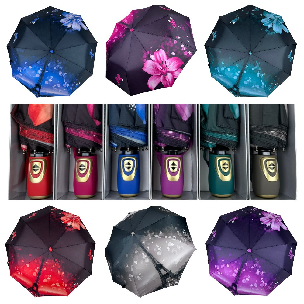 Оптом Жіноча автоматична парасоля на 9 спиць з принтом Ейфелева Вежа та квіти від Susino, 3026