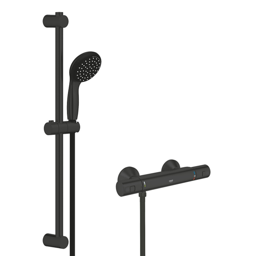 Змішувач термостатичний для душу Grohe QuickFix Start з душовим гарнітуром, чорний матовий (UA303908T1)