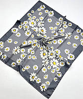 Платок атласный с цветами турецкий. Стильный весенний шелковый платок с ручной подшивкой Серый