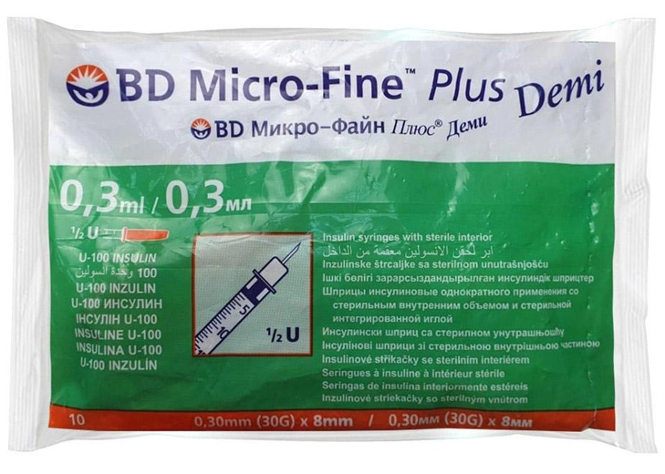 Шприц інсуліновий 0,3 мл U-100 BD Micro-Fine Demi голка 0,3x8м 30G інтегрована 10шт