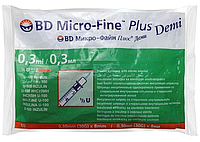 Шприц инсулиновый 0,3 мл U-100 BD Micro-Fine Demi игла 0,3х8мм 30G интегрированная 10шт