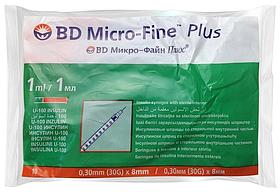 Шприц інсуліновий 1 мл U-100 BD Micro-Fine голка 0,3x8м 30G інтегрована 10шт