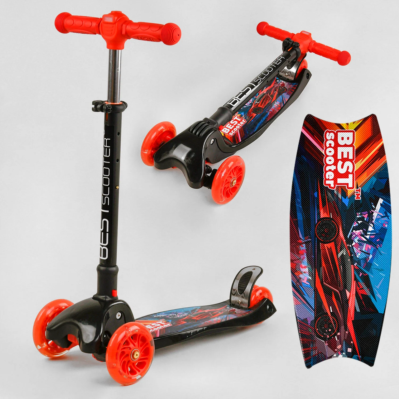 Самокат 3-колісний алюмінієвий складний з фарою на кермі Best Scooter MAXI L-9563 червоний