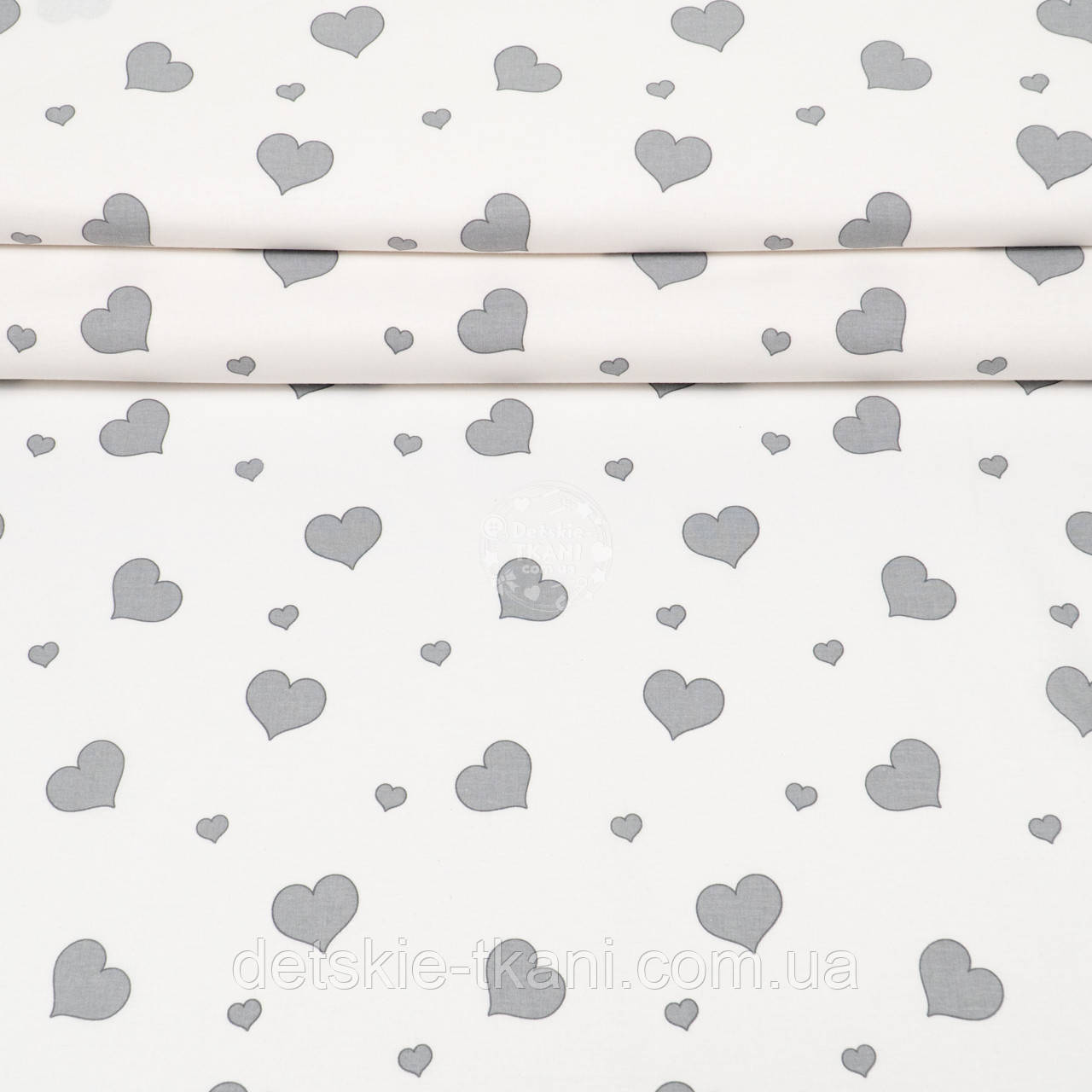 Ранфорс шириною 240 см "Сірі великі та маленькі сердечка" на білому тлі, №5046, фото 1