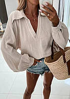 Женская стильная блузка, в стиле оверсайз, бежевая