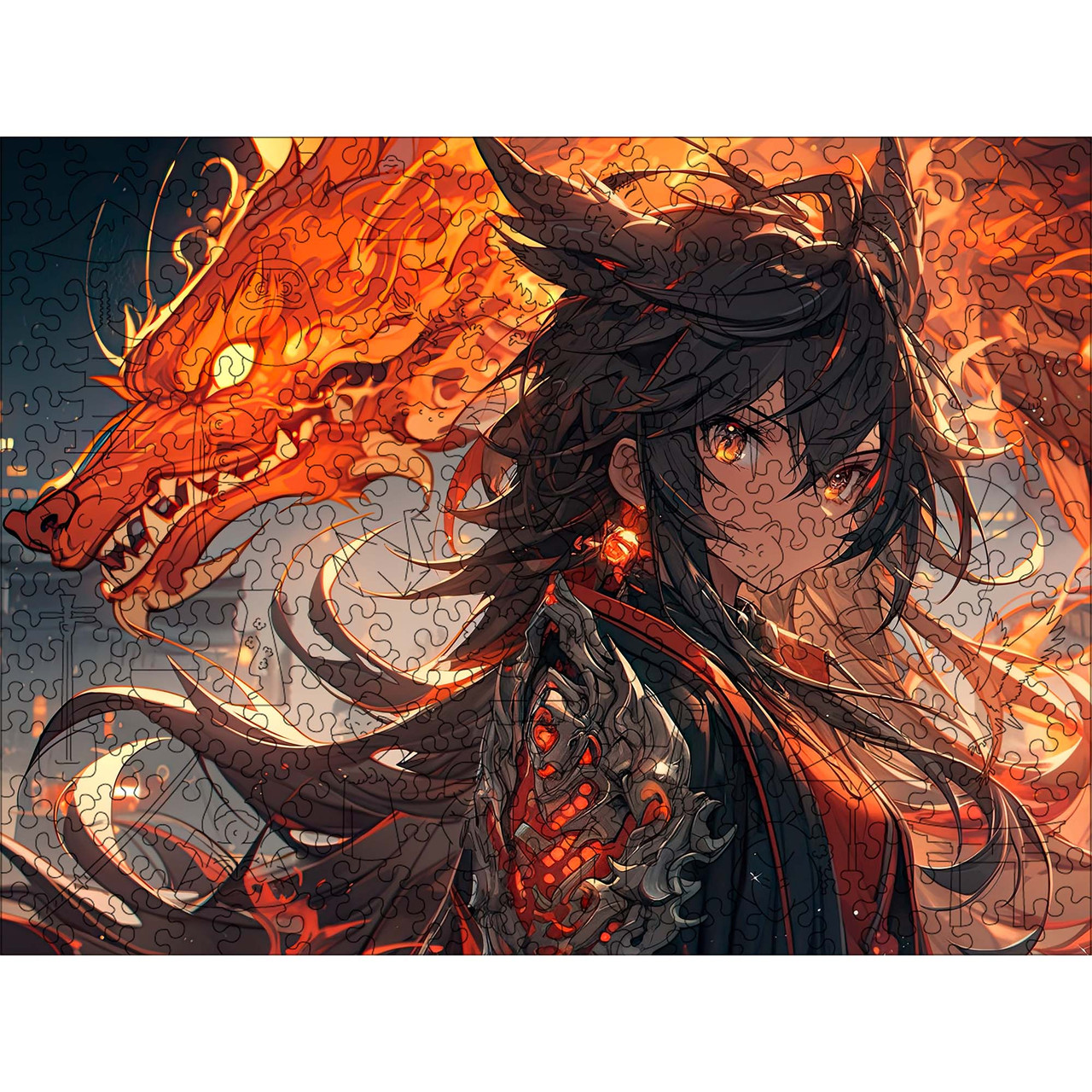 Середній Дерев'яний Пазл Woods Story Аніме (Дівчина з палаючим драконом) L, фото 1