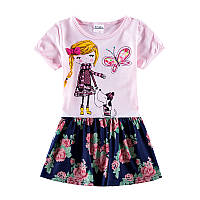 Летнее платье на девочку с коротким рукавом nova примерно 5-6 лет 116 рост розовое девочка и собачка