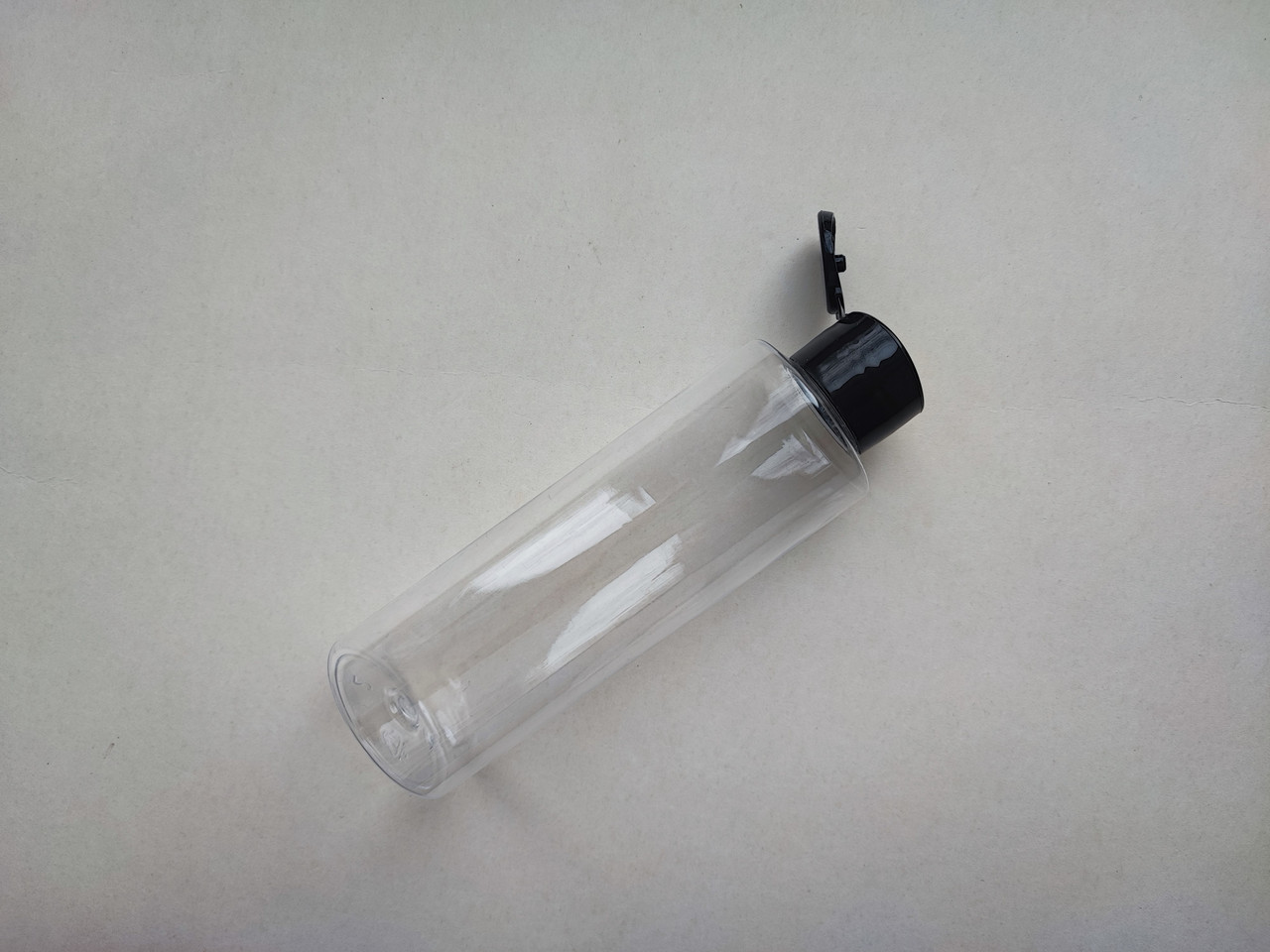 150мл/24мм ЦИЛІНДР прозорий з кришкою чорною фліп-топ 24 мм, ПЕТ пляшка флакон, пластиковий, пластмасовий