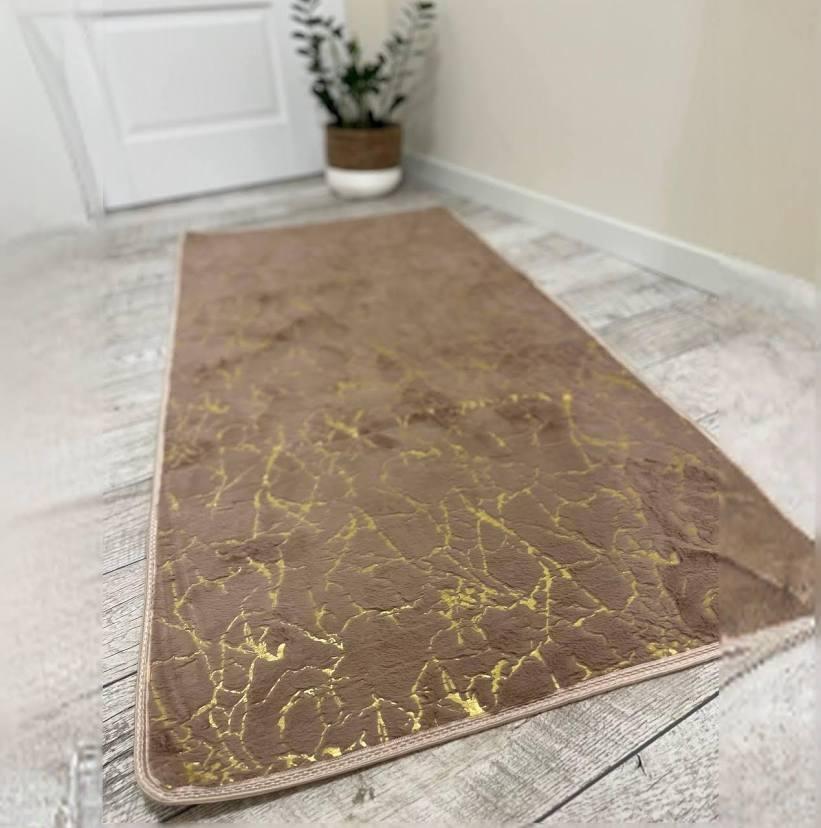 Килимок приліжковий мрамор пудра 80х160 см, килимок мрамор з золотом