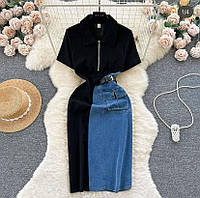 Жіноче стильне двоколірне плаття міді тканина: джинс + двонитка Мод. 9102