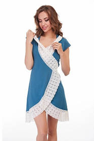 Жіночий халат бавовна з коротким рукавом з мереживом Ora 100139-Р морська хвиля синій, розмір 50 2XL
