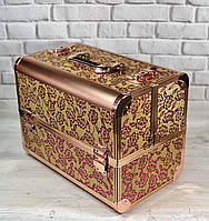 Бьюти-кейс: алюминиевый чемодан с ключом для мастеров (золото с цветами)