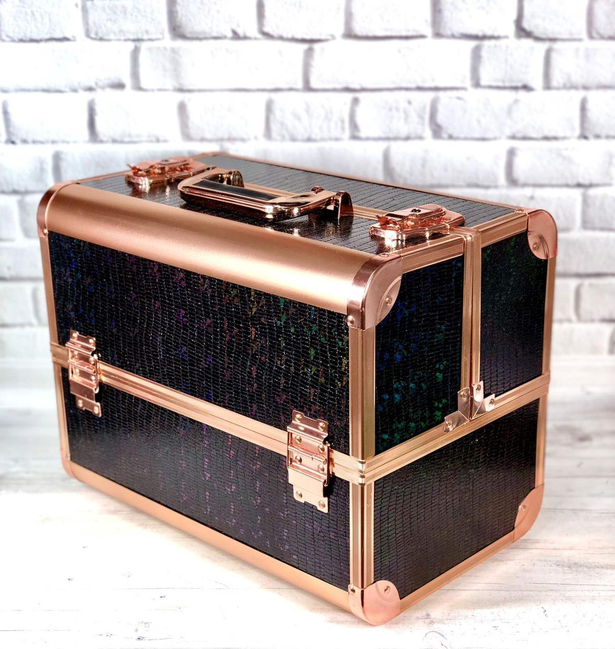 Б'юті-кейс алюмінієва валіза з ключем для майстрів (чорна з декором), фото 1