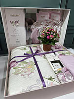 Комплект постельное белья ранфорс с вафельным покрывалом-пике + парфюм евро размер Турция Jardin Istanbul Сиреневый