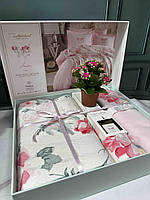 Комплект постельное белья ранфорс с вафельным покрывалом-пике + парфюм евро размер Турция Jardin Istanbul Мятный