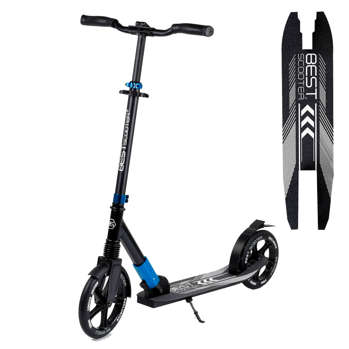 Двоколісний самокат Best Scooter 75186 складаний, з амортизатором коліс, ножне гальмо, чорний