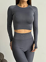 Серый спортивный фитнес-костюм женский 2в1 Комплект-двойка лосины и топ с рукавами для тренировок спортзала