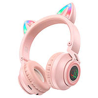 TU Беспроводные наушники Borofone BO18 Cat Ear накладные с ушками и LED подсветкой pink