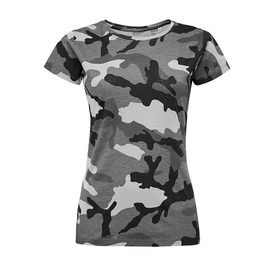 Футболка жіноча Sol's Camo women 100% бавовна, колір сірий камуфляж, з нанесенням логотипу