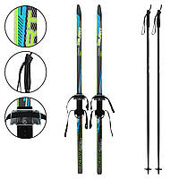 Лыжи беговые подростковые в комплекте с палками Zelart SK-0881-150B цвет черный-синий-желтый ld