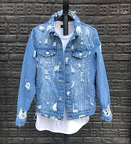 Джинсова куртка чоловіча весна осінь синя з потертостями Scuffs