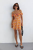 Женское летнее платье мини в цветочный принт - оранжевый цвет, S (есть размеры) hd