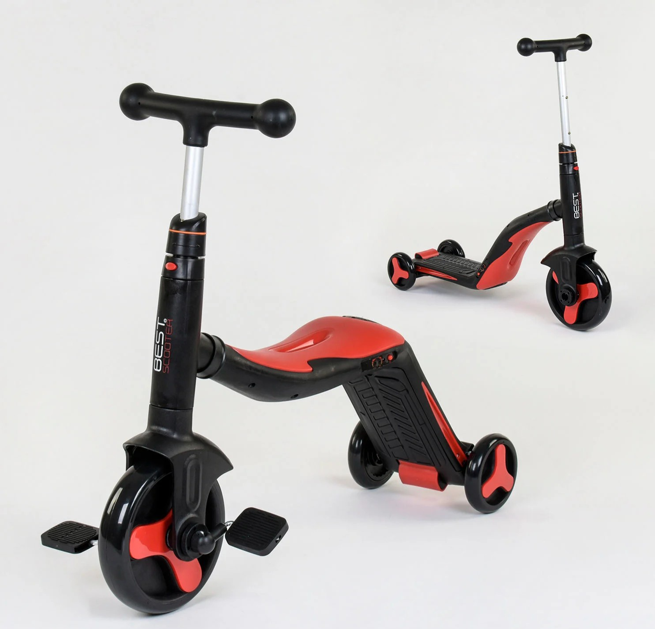 Самокат 3в1 3-колісний (велосипед, беговел), музика, світло Best Scooter JT 28288 червоний, фото 1