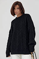 Вязаный свитер оверсайз с узорами из косичек - черный цвет, L (есть размеры) ka